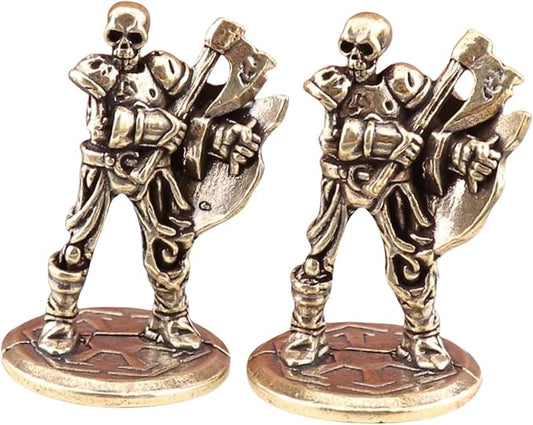 Brass Animals Figurine Decorative,Metal Statue,2.16Inch Pure Brass Vintage Skeleton Warrior Figurines,Set of 2-Halloween Desktop Decorations,Gothic Collectible Ornaments with Axe & Shield