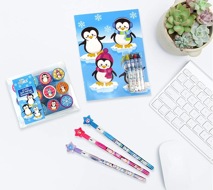 TINYMILLS 24 Pcs Penguin Assorted Stamps for Kids Self Ink Stamps (12 Different Designs) Birthday Party, Stocking Stuffers, Party Favors, Goody Bag Filler Treats, Classroom Rewards