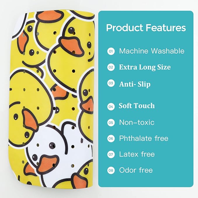 Bathtub Mat Non Slip Shower Mat for Kids Adults & Elderly 40X16 Inch Extra Long Anti Slip Bath Mats for tub Mat with Suction Cups and Drain Holes,Duck