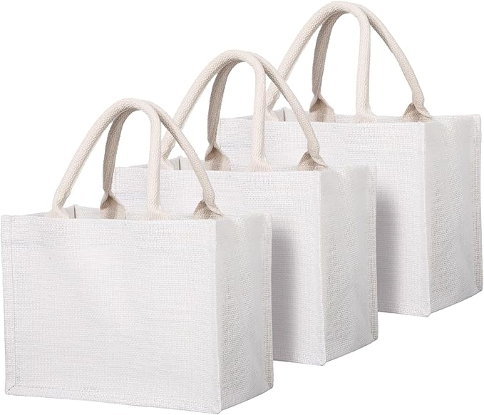Segarty Jute Bags, 3 Pack Small White Reusable Burlap Canvas Gift Favors Bags with Handles Blank Tote Bulk for Beach Trip, Bridesmaid Wedding, Bachelorette Party, Women Market Grocery Shopping