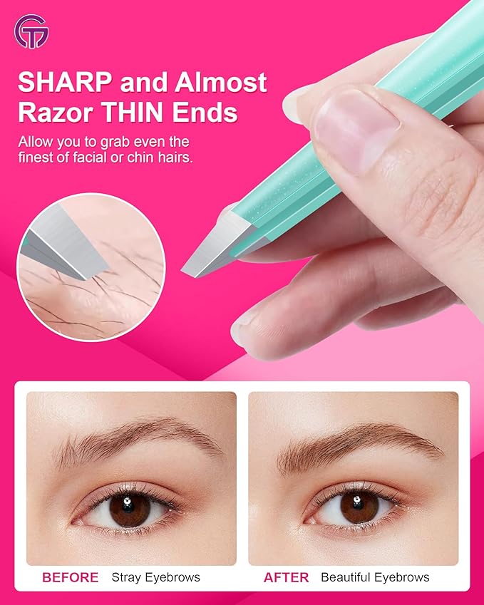 Expert Slant Tip Tweezers with Leather Case, GlamTweeler Sharp & Precision Stainless Steel Tweezer for Eyebrows, Facial Hair and Fine Hairs Removal (Sparkle Mint Green & Silver)