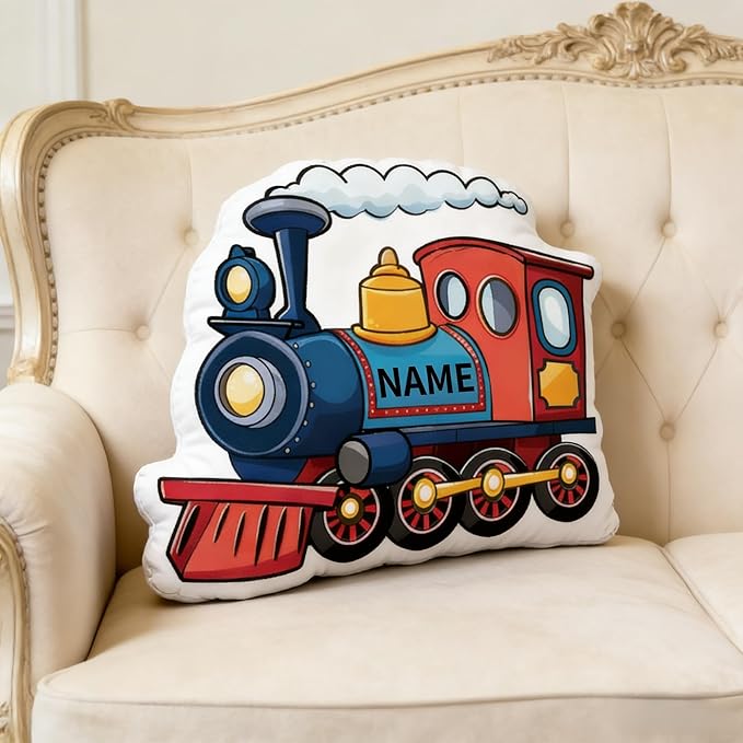 Custom Cartoon Train Pillow with Name Personalized Train Shaped Pillow Customized Cartoon Steam Locomotive Soft Plush Pillow for Room Decor for Birthday Christmas