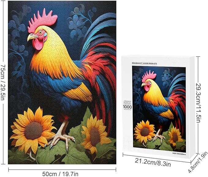 Rooster Sunflower Wooden Puzzle 1000 Pieces Jigsaw Puzzles for Adults Puzzle Educational Toys Challenging Fun Games Gifts for Elders Kids Family and Friends