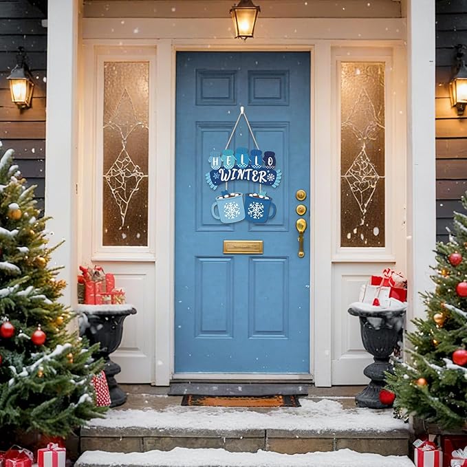 CHDITB Hello Winter Wooden Sign, Hot Cocoa Wooden Hanging Plaque, Christmas Front Door Hanger, Seasonal Snowflake Wall Art Sign Hanger for Xmas Holiday Decoration