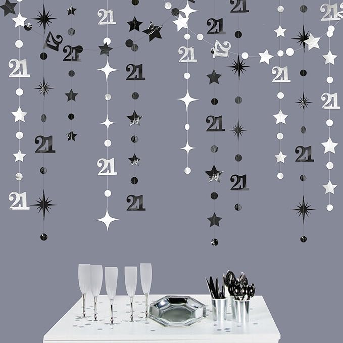 Silver Black 21st Birthday Decorations Number 21 Circle Dot Twinkle Star Garland Metallic Streamer Banner Backdrop for Girls Boys Cheers to 21 Years Finally Legal Bday 21st Anniversary Party Decor