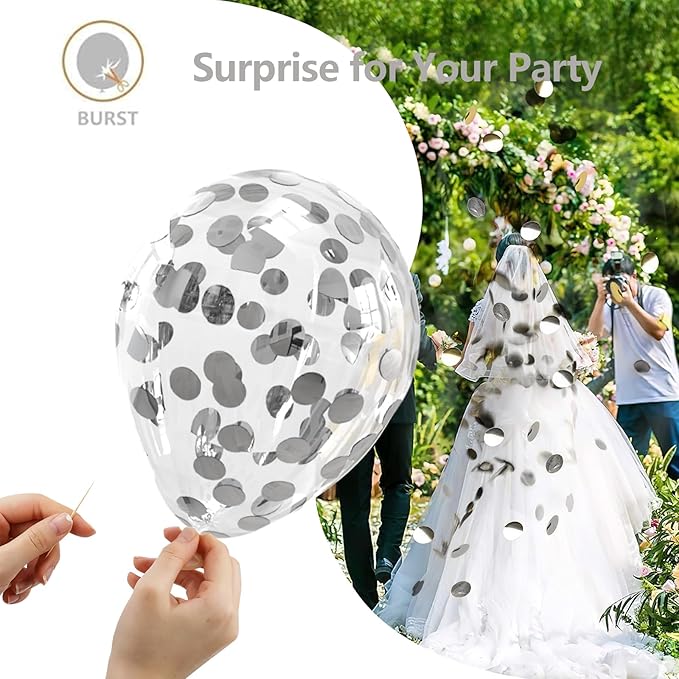 Bezente Silver Confetti Latex Party Balloons - 60 Pack 12 inch Helium Silver Confetti Glitter Balloons for Wedding Graduation Bridal Shower Birthday Engagement Party Decorations