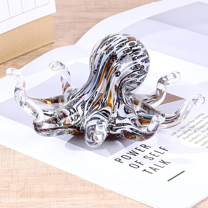 LCCCK Glass Octopus Statue Home Decor, Hand Blown Glass Decor Ocean Figurines Octopus Sculpture, Murano Art Office Desk Paperweights Fish Tank Aquarium Sea Animals Christmas Birthday Gift (Black)