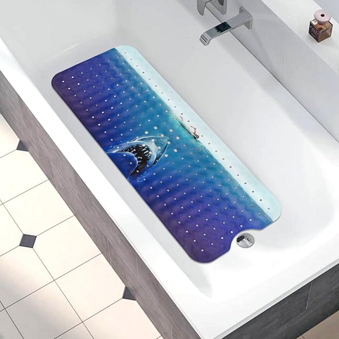 Bathtub Mat Non Slip, Shark Extra Long Bath tub Mat Shower Floor Mat with Suction Cups and Drain Holes for Adults Kids Elderly 40 X 16 Inch