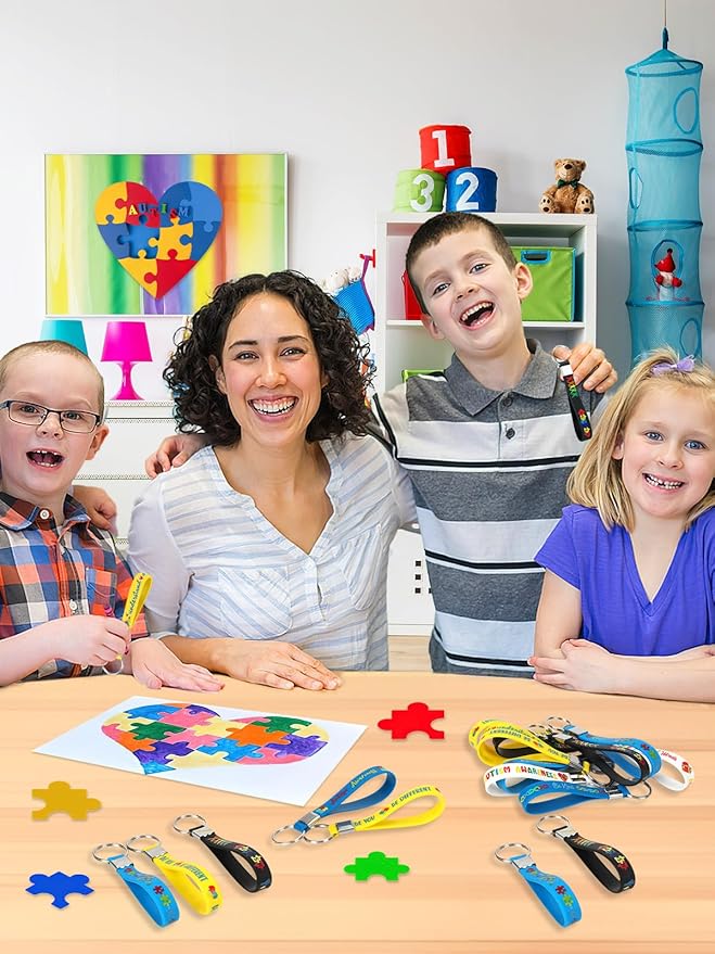36pcs Autism Awareness Silicone Keychains Puzzle Pieces Ribbons Pattern Inspirational Motivational Rubber Keychains for Autism Awareness Decoration Party Favor Gift Supplies（6 Designs）