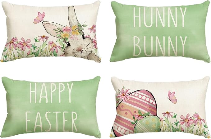 AVOIN colorlife Happy Easter Hunny Bunny Green Throw Pillow Covers, 12 x 20 Inch Easter Eggs Bunny Spring Cushion Case for Sofa Couch Set of 4