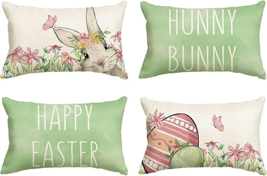 AVOIN colorlife Happy Easter Hunny Bunny Green Throw Pillow Covers, 12 x 20 Inch Easter Eggs Bunny Spring Cushion Case for Sofa Couch Set of 4