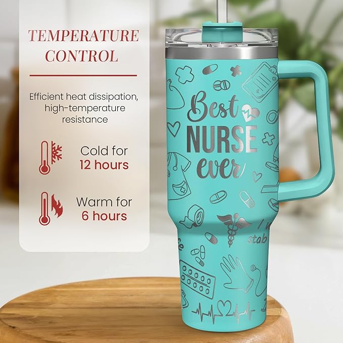 Nurse Gifts for Women, Nurse Tumbler with Handle 40oz Stainless Steel Coffee Cup with Straw Lid, Nursing Gift for Female Nurses, Appreciation Gift for Graduation Christmas Birthday