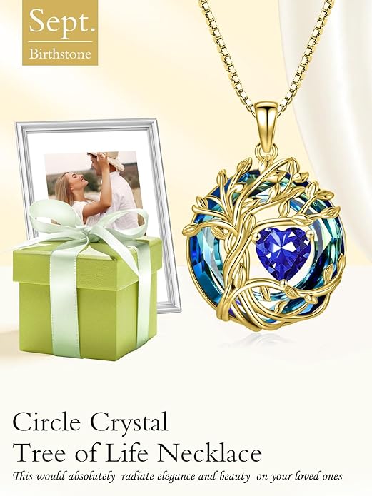 TOUPOP Tree of Life Birthstone Necklace 925 Sterling Silver Pendant Austrian Crystal Jewelry Anniversary Valentine's Day Birthday Gifts for Women Mom Her Wife