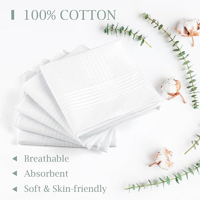 Handkerchiefs for Men, 100% Soft Cotton White Hankies, Classic Reusable Men's Handkerchiefs, 15x15 Inch Pocket Hanky