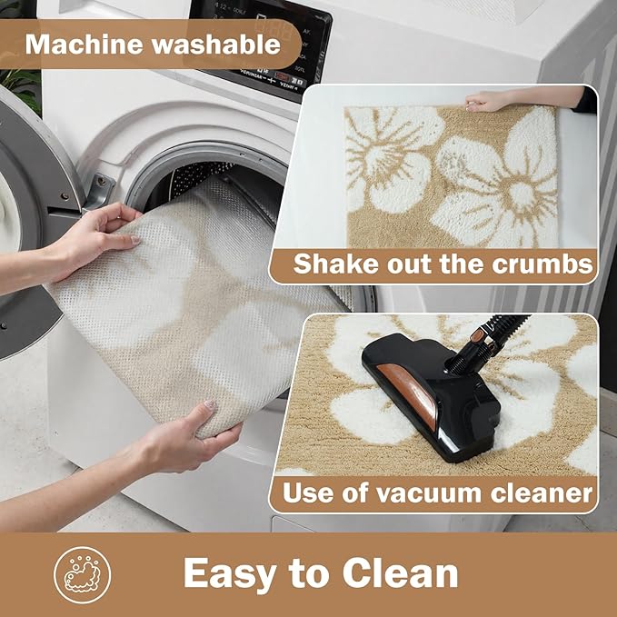 Uphome Bathroom Runner Rug, 18x47 Modern Floral Long Bath Mat Non Slip, Soft Machine Washable Absorbent Quick Dry Bathroom Mat for Tub, Shower, Floor (Beige)