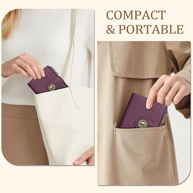 Small Wallet Women RFID Blocking Bifold, Credit Card Holder, Zipper Coin Pocket, PU Leather, Compact Travel, 4 ID Window, 14 Card Slots, Cash Purse, Ladies Woman Female Girls