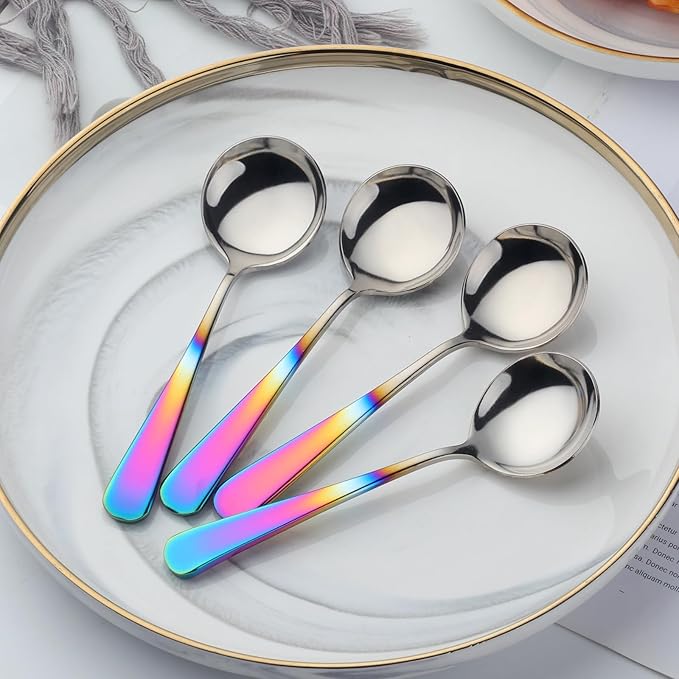 Buyer Star 8 Pieces Stainless Steel Round Soup Spoon, 6.3 Inch Mirror Polished Spoon Cutlery, Dishwasher Safe (Gradual Rainbow)