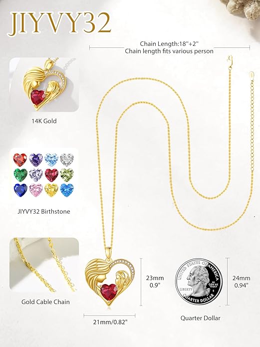 Mother and Daughter/Son Love Heart Necklace White Gold/14K Gold/Rose Gold Birthstone Jewelry Christmas Mothers Day Birthday Gifts For Mom Wife Grandma Women
