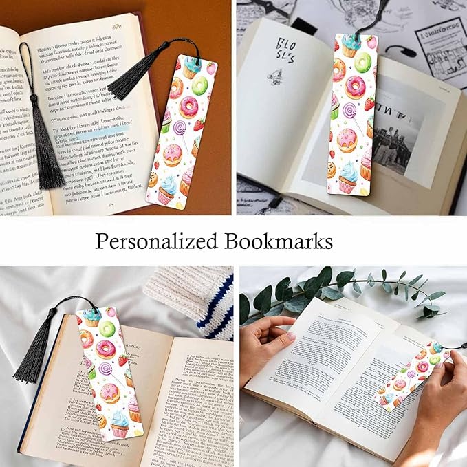 Donuts Bookmarks 5 Pcs Cupcakes Lollipop Strawberry Blueberry Wooden Bookmark with Tassels for Reading Book Lovers Gift Office School Readers Teacher