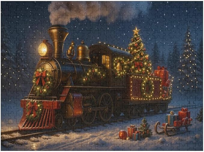 Christmas Train and Tree 500-Piece Wooden Jigsaw Puzzle, Festive Holiday Scene, Cozy Indoor Fun, Family Game Night, Relaxing Stress-Relief Gift