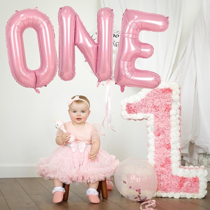 40 Inch Pastel Pink ONE Balloon for 1st Birthday - Light Pink Letters With Ribbon - Baby Pearl Alphabet for Girls First Birthday, 1 Year Old Baby Shower Party Decorations