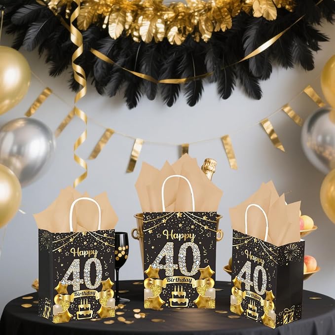 50Pcs 40th Birthday Party Favors Gift Bags Bulk, Black and Gold Happy 40th Gift Candy Wrap Bags with Tissue Paper, Vintage 40th Birthday Decorations Souvenir Bag for Men Women Anniversary Supplies (40th)