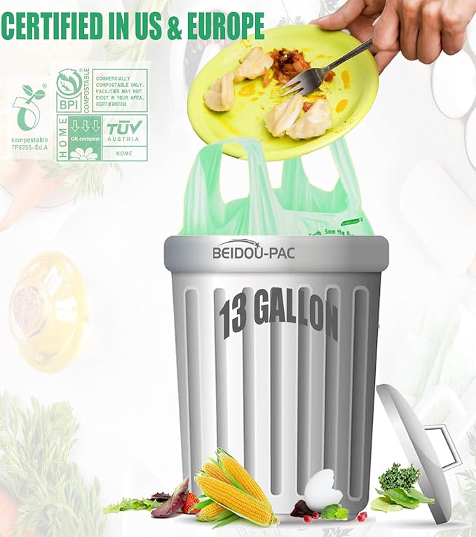 BEIDOU-PAC Compostable 13 Gallon Trash Bags, Tall Kitchen Garbage Bags with Handle, Sturdy Biodegradable Compost Bags, 100 Count, US BPI Certified