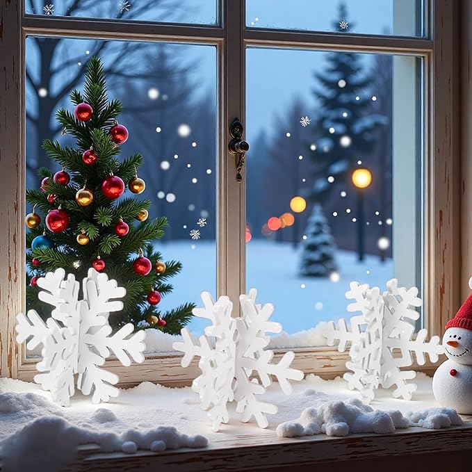 16 Pcs Wooden Snowflake Decorations, 3D White Snowflake Christmas Table Decor, Winter Christmas Table Decorations Indoor, Winter Wonderland Decor for Home Party