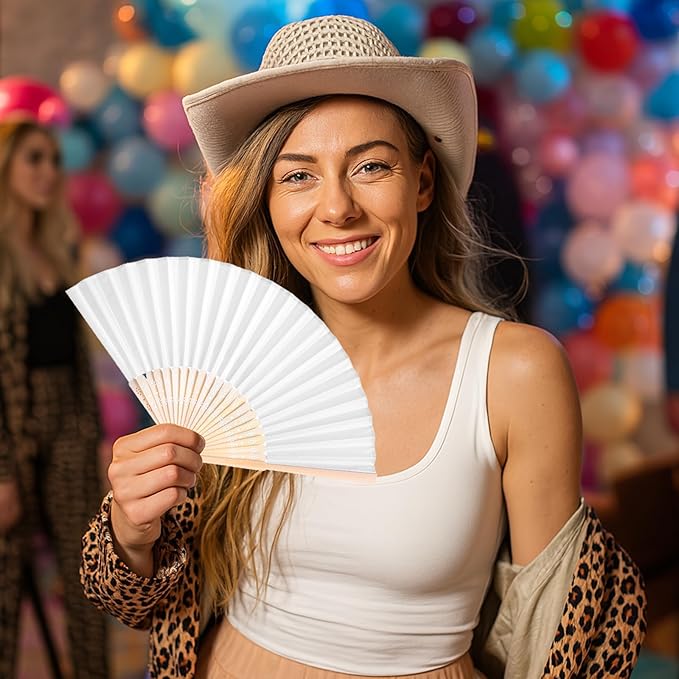 JOHOUSE 12 Pcs Wedding Fans, 8.3 Inch White Folding Hand Fans for Women, Wedding Guest Gifts, Party Favors, Dancing Props, DIY Crafts & Summer Cooling