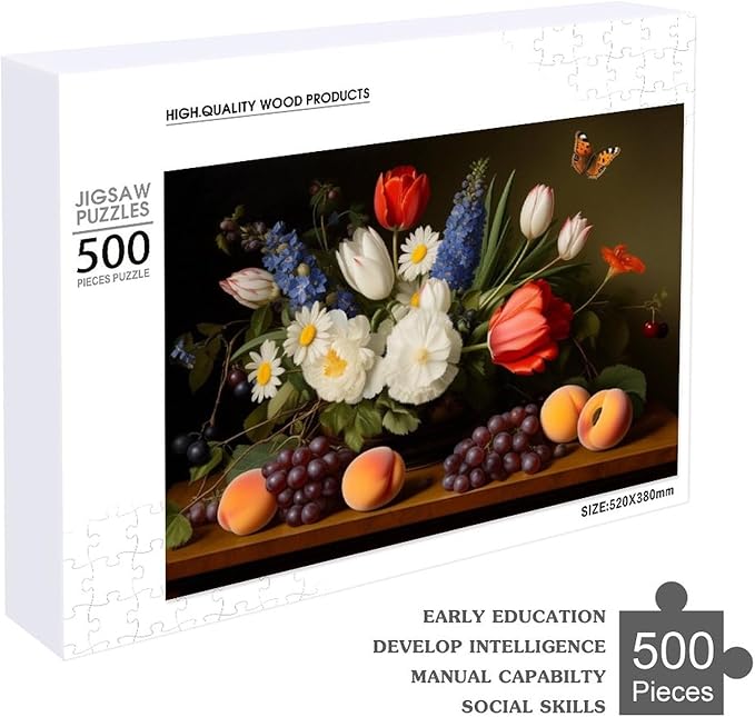 Wooden Puzzle - Vase Flower Grapes Peaches Wooden Puzzles for Adults 500 Pieces Challenge Puzzles，Educational Games，Family Puzzles，Unique Gifts for Wall Art ，Funny Puzzles