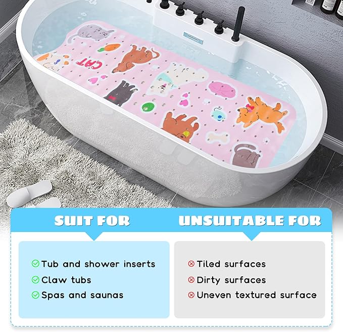 Baby Bath Mat for Tub Non Slip Kids Bathtub Mat Extra Long 40X16 Inch Toddler Bath Tub Shower Mat Anti Slip with Suction Cups & Drain Holes, Machine Washable (Cat Dog)