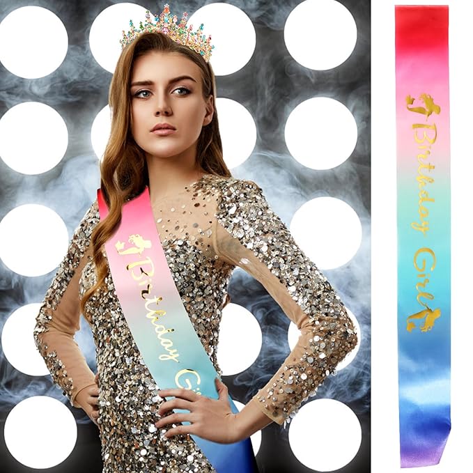 Velscrun Rainbow Color Crystal Birthday Tiara Crowns for Women Girls Elegant Princess Crown with Combs Birthday Girl Headband Sash Happy Birth Party Decorations Birth Gift Hair Accessories