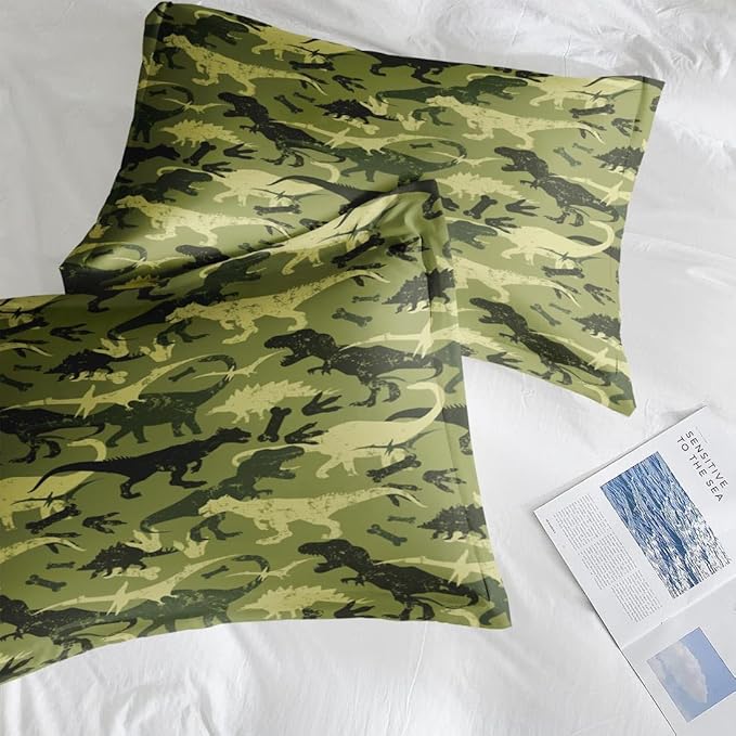 Comforter Set King Size, Camouflage Dino Dinosaur 7 Pcs Bedding for Kids and Adults, Cute Funny Green Bed Sheet Sets with Fitted Sheet 2 Pillowcases & 2 Shams for Bedroom Bed Decor