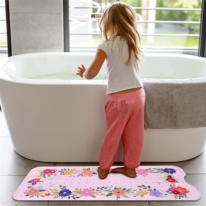 Pink Floral Bathtub Mat Non Slip for Kids 40x16in Extra Long Anti Slip Flower Bath Mat for Tub Bath Shower Mat with Large Drain Holes and Suction Cups Quality Modern Art Plant Design Bathroom Decor