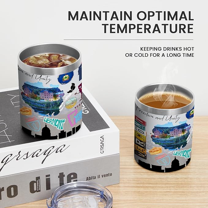12oz Coffee Mug Vermont State Insulated Coffee Cups, United States Map Travel Mug Landmark, Birthday Gifts Cute Mugs with Lid and Straw Gifts for Mom