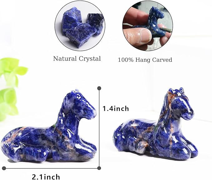 2.2 Inch Blue Sodalite Horse Crystal Figurines, Hand-Carved Healing Crystals Decor, White Horse Statues Stone Energy Gemstones, in Bedroom Office Meditation Horse Memorial Gifts for Men and Women