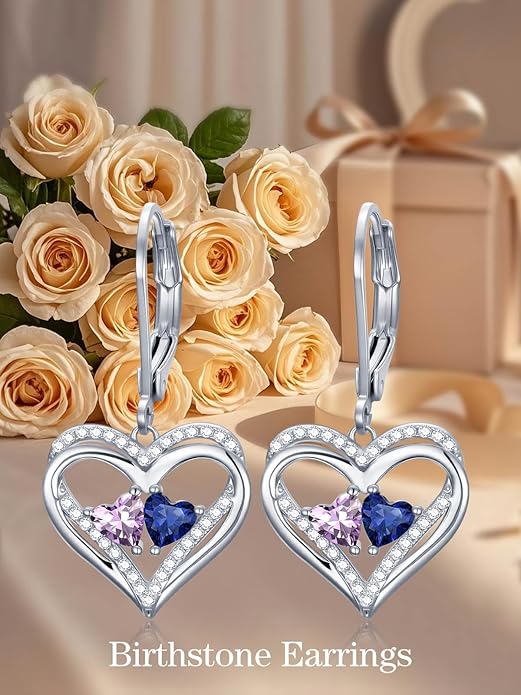 Heart Leverback Earrings Double Birthstone Dangle Earrings for Women, Love Jewelry for Her, Christmas Gifts for Women, Anniversary Birthday Gift for Mom Wife Girlfriend