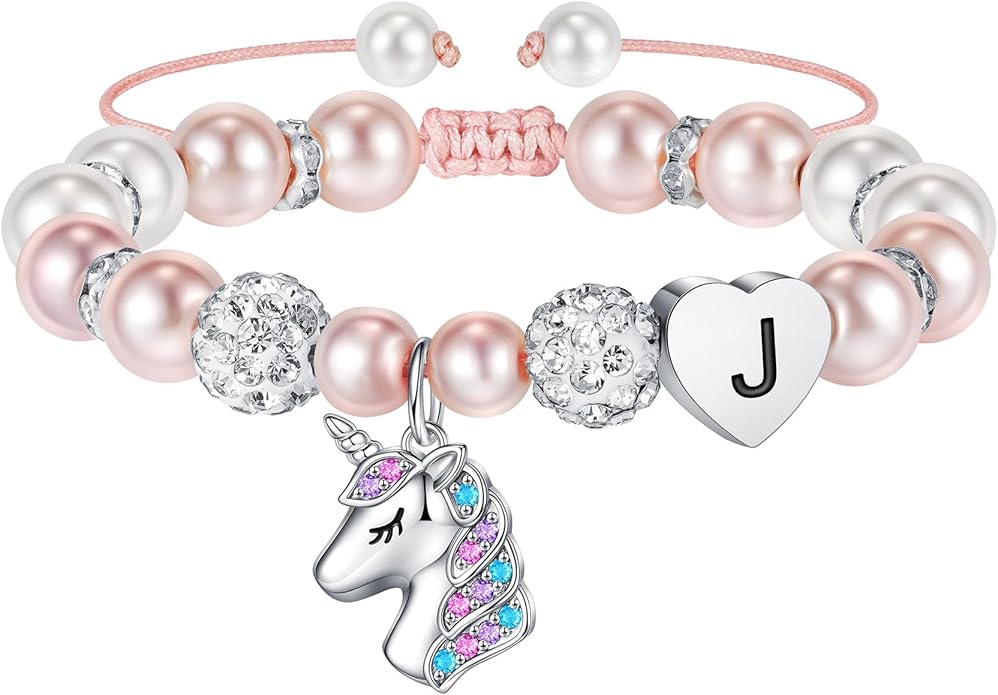 Hidepoo Valentines Gifts for Kids Girls - Unicorn Bracelets for Girls Kids, CZ Initial Unicorns Bracelet Adjustable Heart Initial Unicorn Bracelets Jewelry Birthday Gifts for Girl
