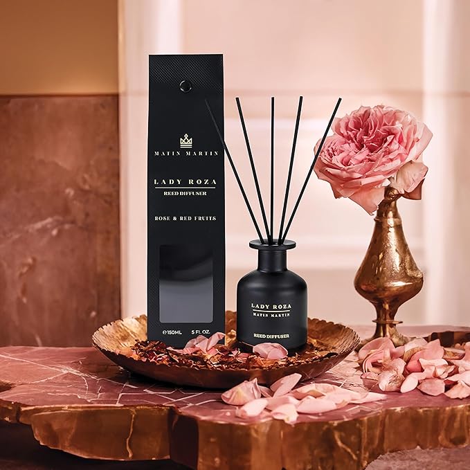 Matin Martin Lady Roza Reed Diffuser 5 oz - Luxury Aromatherapy with Rose & Red Fruits - Home Decor Gift for Bedroom, Office, Living Room, Bathroom - Long Lasting Scent with Premium Fragrance Sticks