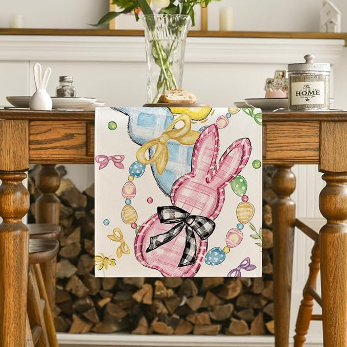 Artoid Mode Floral Bow Bunny Rabbits Eggs Easter Table Runner, Seasonal Spring Kitchen Dining Table Decoration for Home Party Decor 13x90 Inch