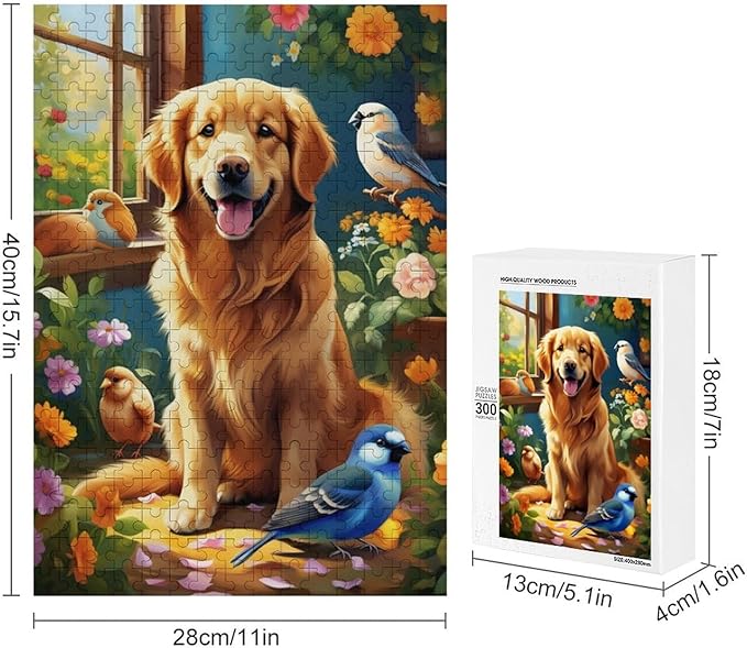Wooden Puzzle - Garden Golden Retriever Jigsaw Puzzles，Wooden Puzzles for Adults 300 Pieces Challenge Puzzles，Educational Games，Family Puzzles，Unique Gifts for Wall Art