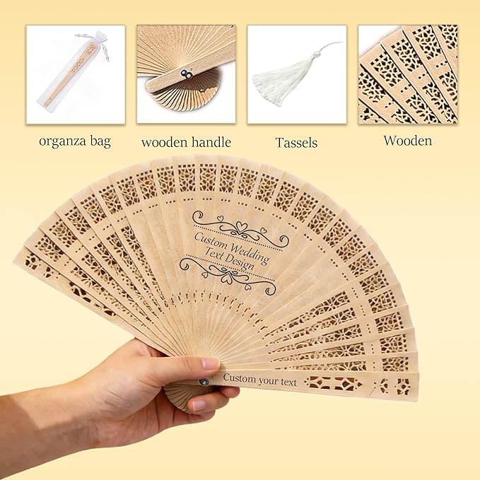 MOSADO Personalized Wedding Fans for Guests, Custom Foldable Sandalwood Fans Bulk with Organza Bags and Tassels, Unique Bridal Shower Party Favors Wedding Favors for Guests (30)