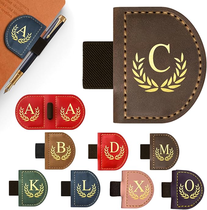 Personalized Leather Magnetic Bookmark with Pen Holder, Custom Bygone Mark Bookmark with Pen Holder, Custom Bookmarks with 26 Letters for Reading Women, Men, Teachers, Book Lovers（Coffee，C）