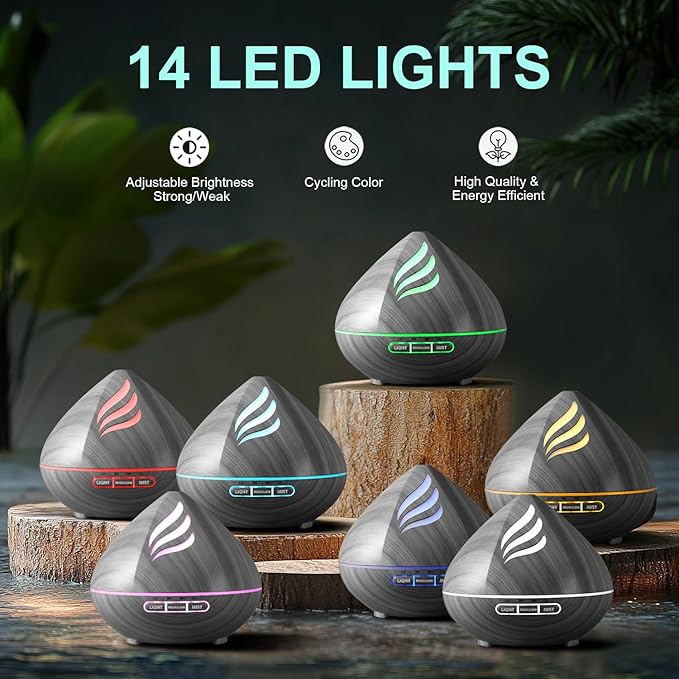 Essential Oil Scent Diffuser: 500ML Aroma Diffuser with Remote Control, Large Fragrance Aromatherapy Diffuser for Bedroom Home, Mist Humidifier & 14 Colors LED Lights and waterless Auto-Off, Dark Grey