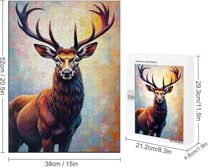 Wooden Puzzles 500 Piece，Color Abstract Deer Painting Themed Jigsaw Puzzles，Family Puzzles，Unique Gifts for Wall Art，Funny Puzzles，Stress Relief Games，Puzzle Games