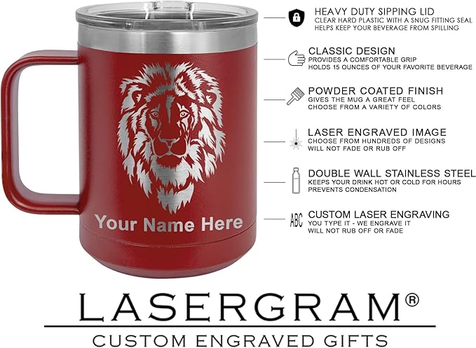 LaserGram 15oz Vacuum Insulated Coffee Mug, Cup of Coffee, Personalized Engraving Included (Maroon)