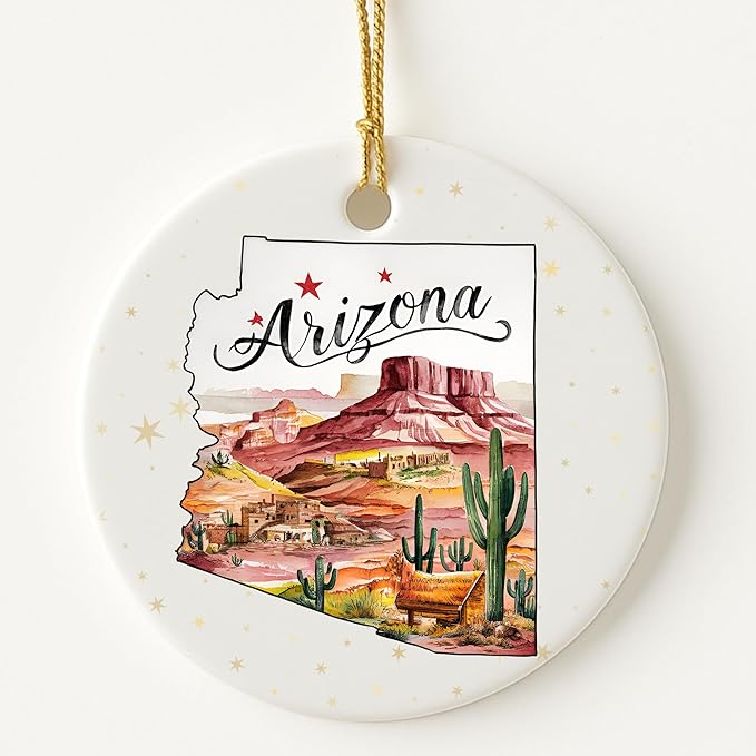 USA State Landmark Ceramic Ornament – Round Glossy Christmas Decoration Featuring U.S. State Art, Landmarks & Holiday Scenery – Collectible Travel Souvenir Ornament Series (Arizona)