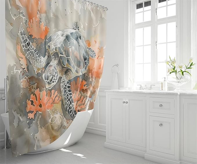 4 Pcs Kids Shower Curtain Set - Sea Turtle Shower Curtain for Bathroom Ocean Themed Shower Curtain Turtle Bathroom Accessories with Rug,and Bath Mat with 12 Hooks