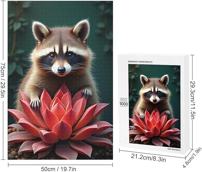 Puzzles for Adults 1000 Pieces Wooden Jigsaw Puzzle - Succulent & Cute Raccoon Theme Puzzle，Party Games，Family Toys，Educational Puzzles，Stress Relief Wooden Puzzle，Gifts for Family and Friends