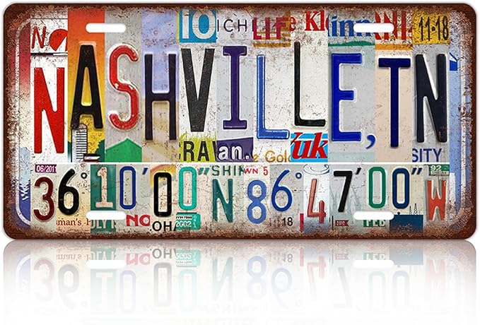 Vintage City License Plate Nashville,Tn Wall Decor Metal Tin Sign for Bar Home Bedroom 12 x 6 Inches （Including latitude and longitude）